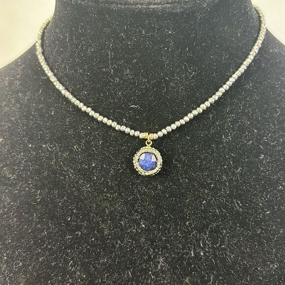 Grey Beaded with Blue Small Circle Necklace - Picture 2 of 5